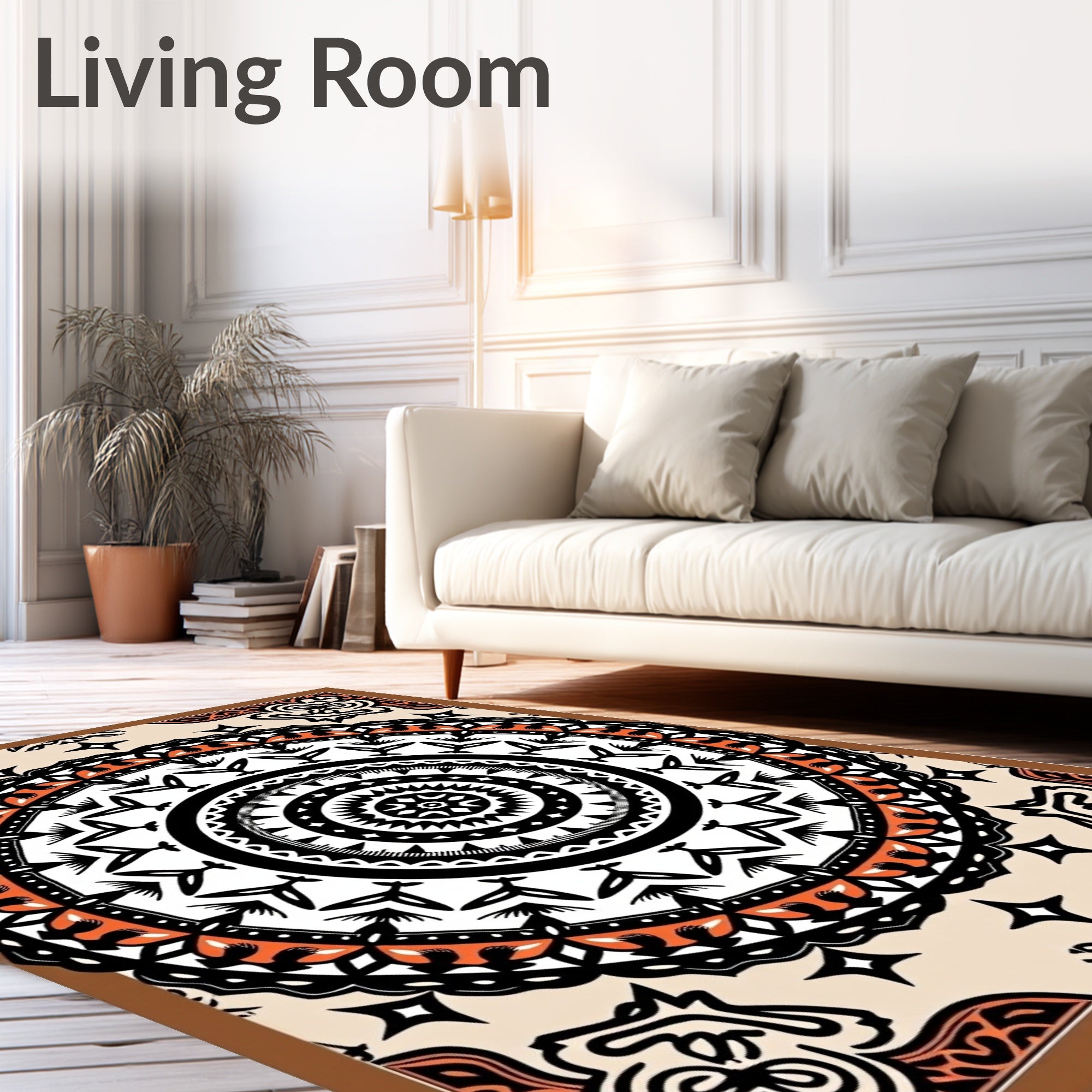 Bold Orange Black Mandala Medallion Rug