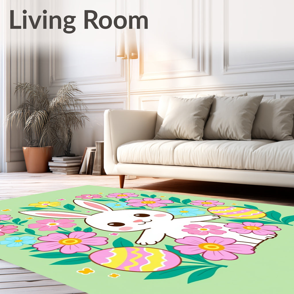 Cute White Rabbit Pink Yellow Floral Easter Rug