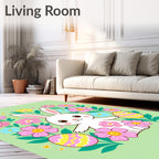 Cute White Rabbit Pink Yellow Floral Easter Rug