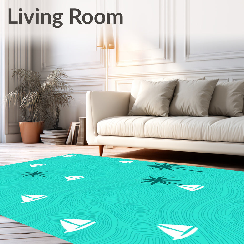 Turquoise Sailboat Palm Trees Ocean Waves Rug