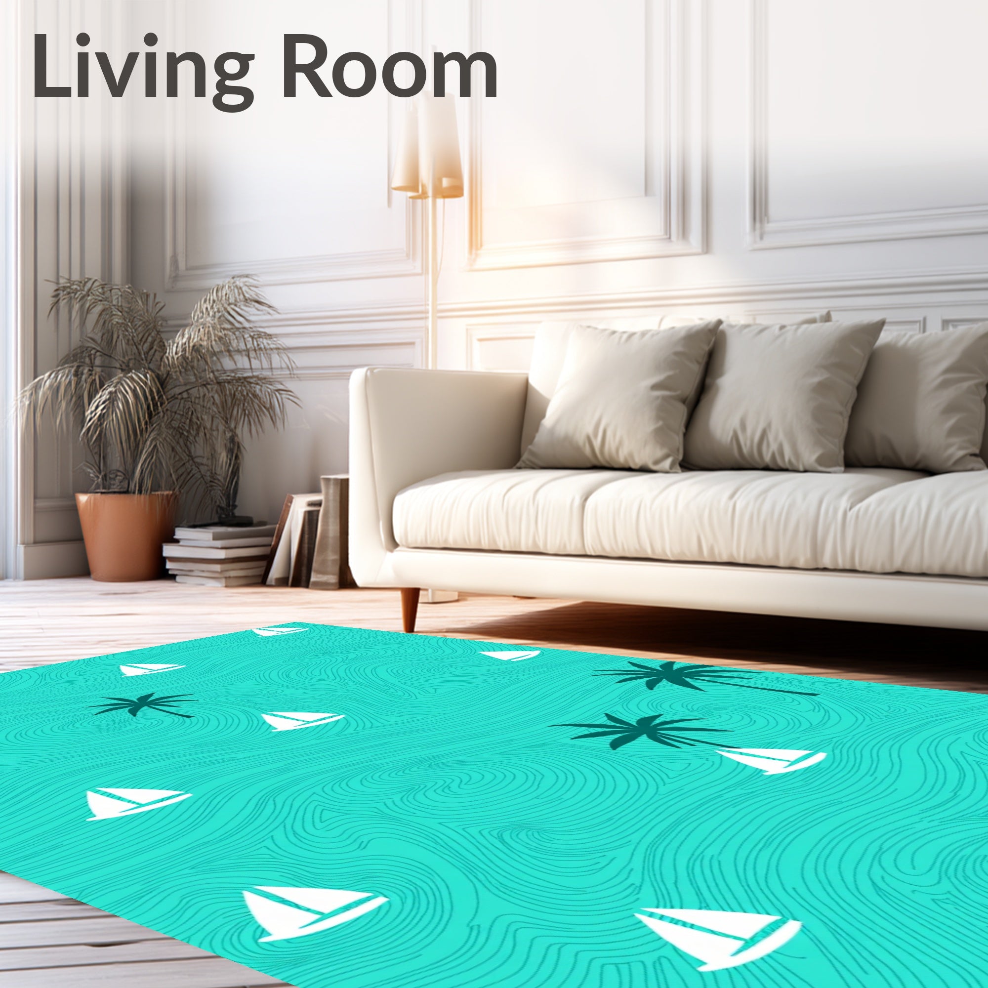 Turquoise Sailboat Palm Trees Ocean Waves Rug