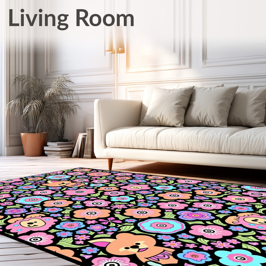 Whimsical Kawaii Floral Animal Collage Rug