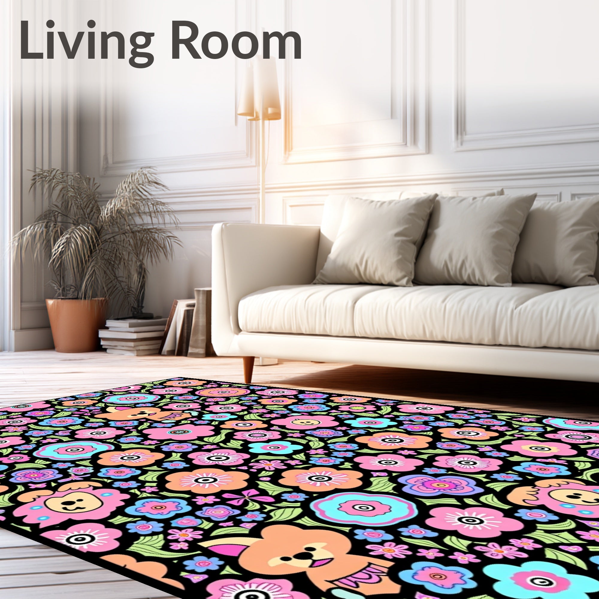 Whimsical Kawaii Floral Animal Collage Rug