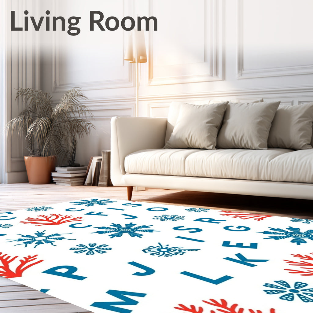 Red Coral Blue Snowflake Alphabet Rug