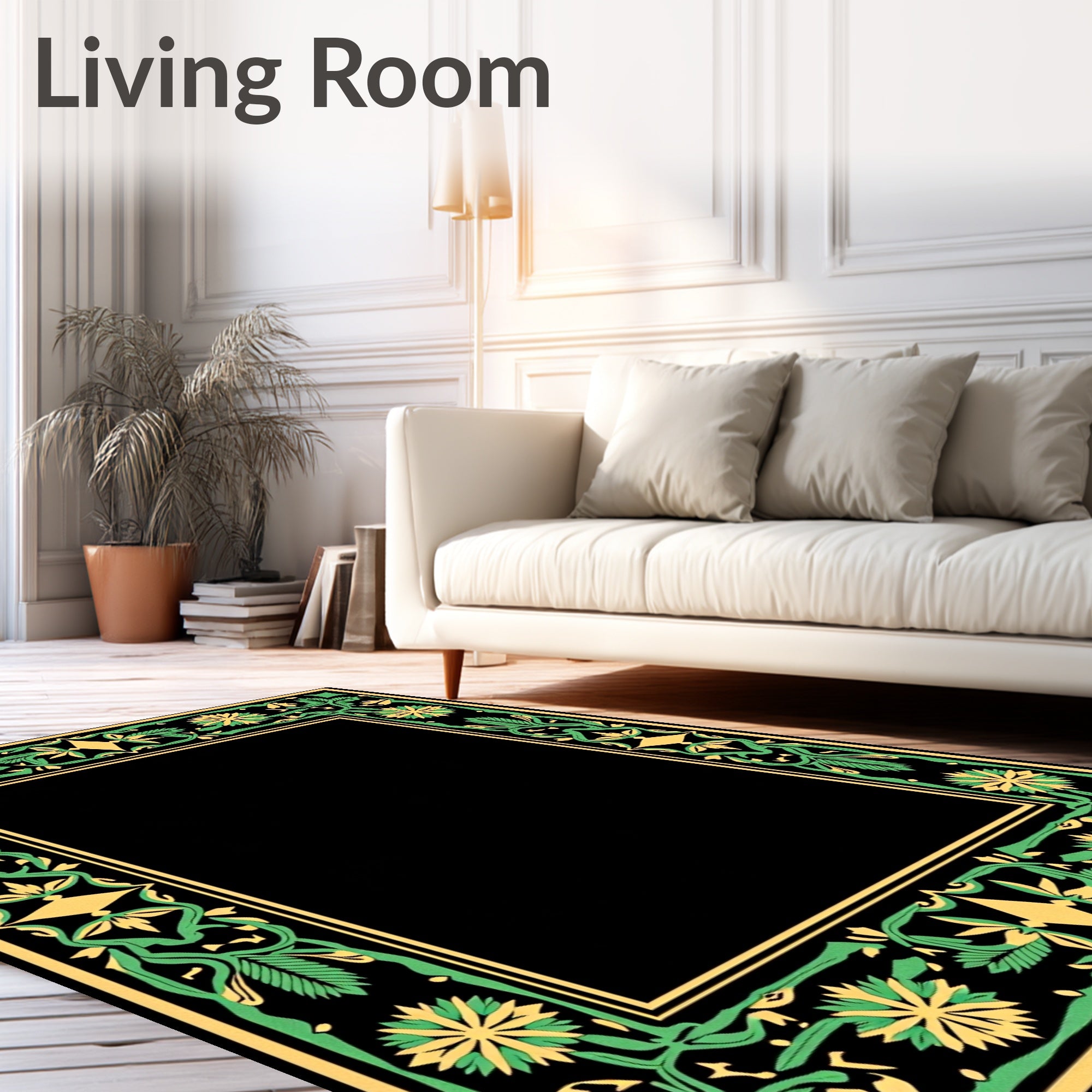 Green Yellow Floral Vine Border Rug