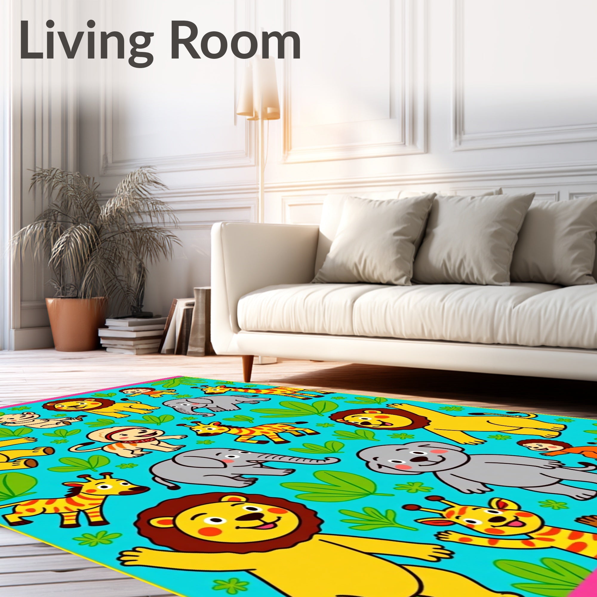 Cute Jungle Animals and Leaves Rug