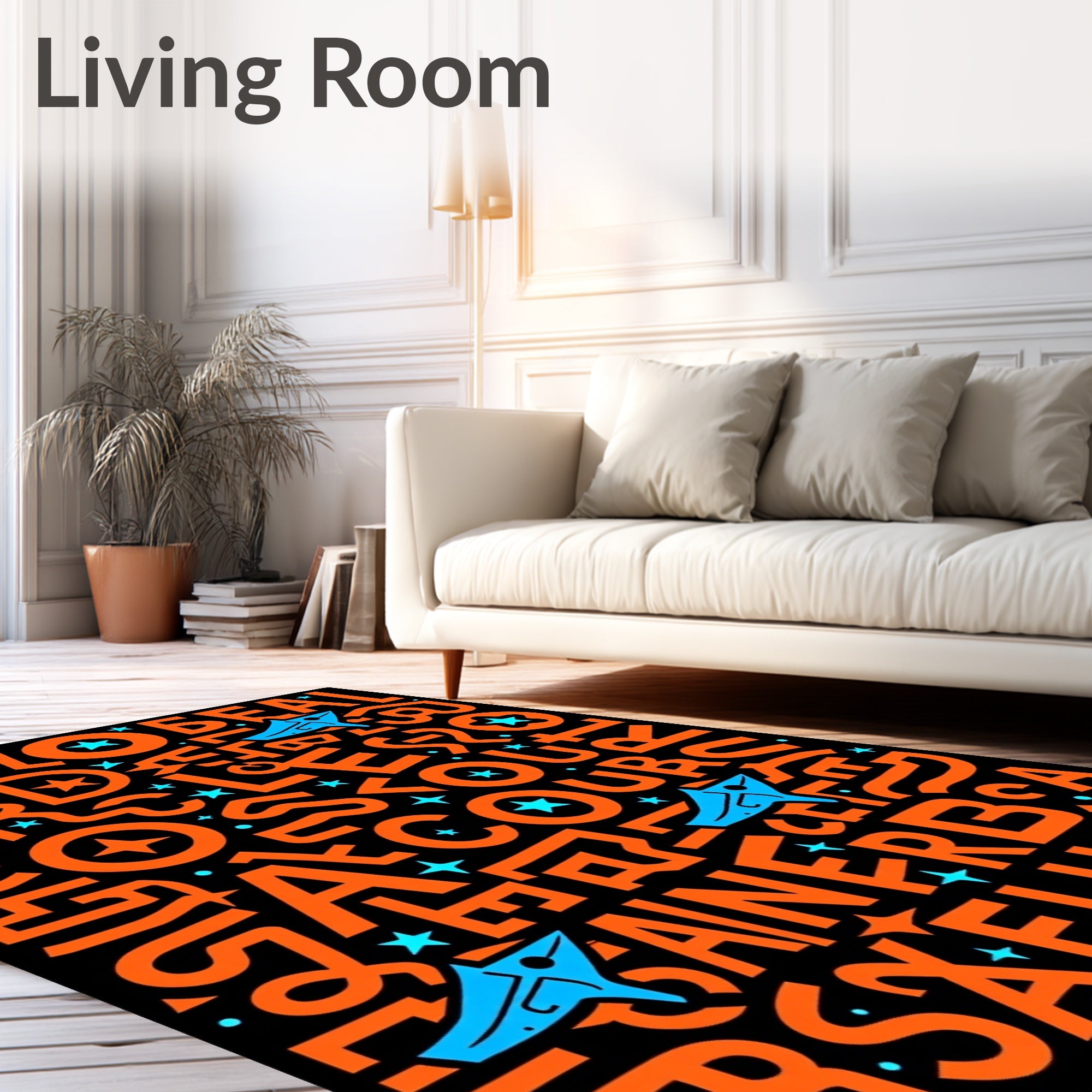 Orange Black Blue Abstract Letter Star Rug