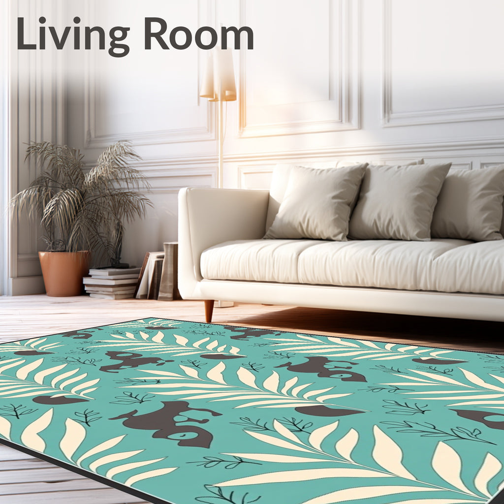 Aqua Cream Leaf Animal Silhouette Rug