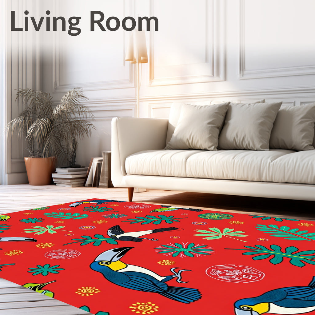 Tropical Toucan Leaf Red Collage Rug