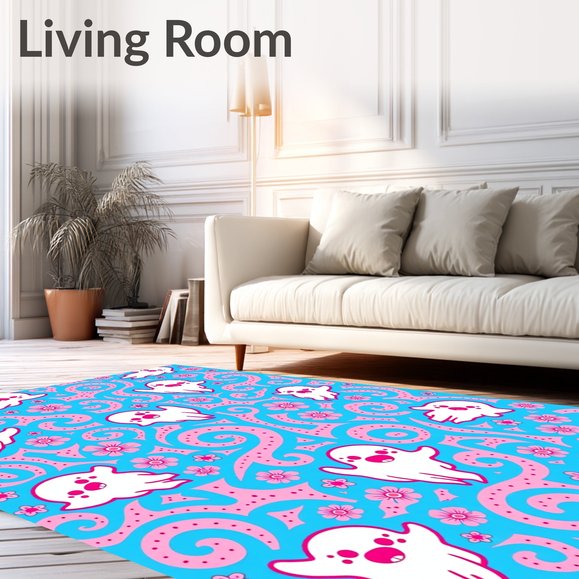 Cute White Ghost Pink Floral Swirl Rug