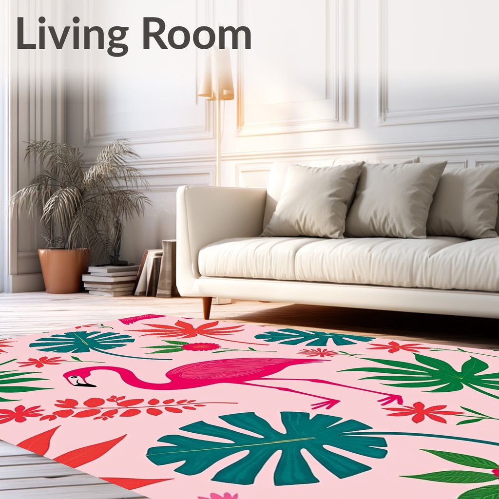Vibrant Pink Flamingo Tropical Foliage Rug