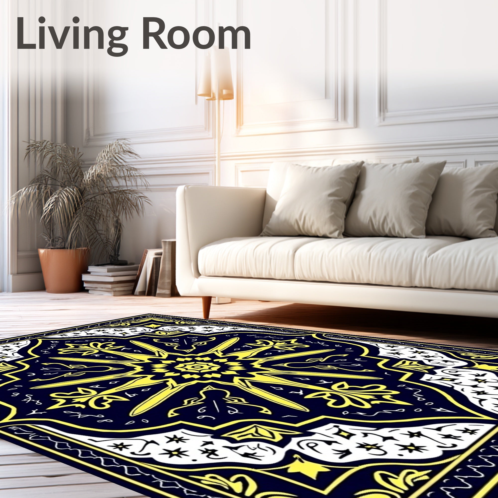 Ornate Starburst Navy Yellow Mandala Rug