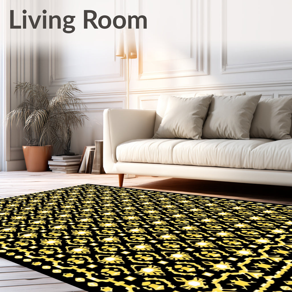 Geometric Golden Medallion Black Rug