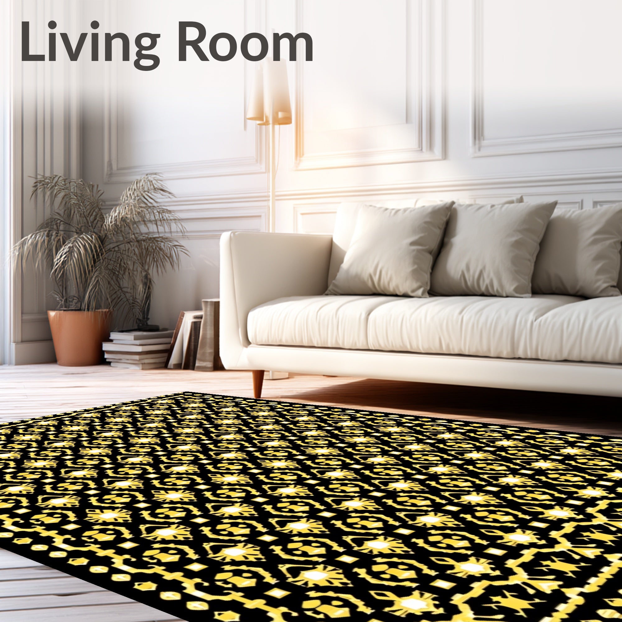 Geometric Golden Medallion Black Rug