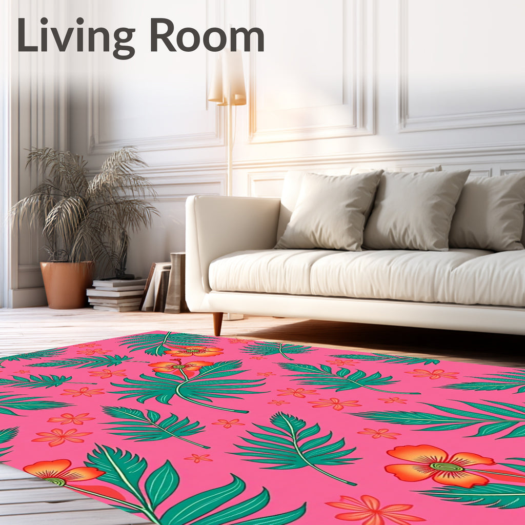 Vibrant Tropical Orange Flowers Green Leaves Rug