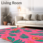 Vibrant Tropical Orange Flowers Green Leaves Rug