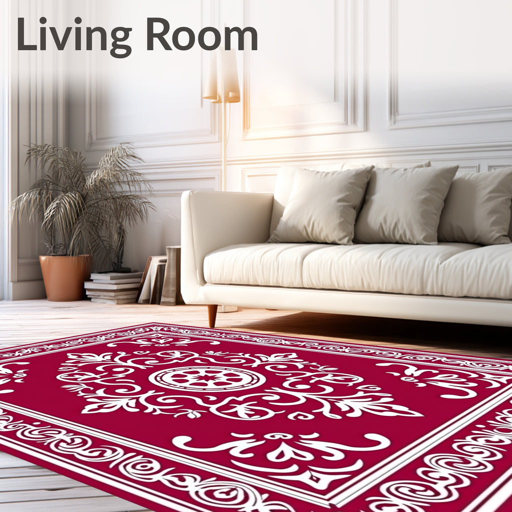 Deep Red White Ornate Ornamental Medallion Rug