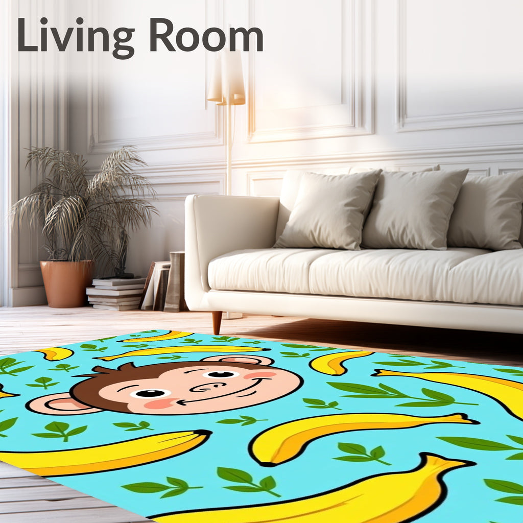 Playful Monkey Banana Leaves Background Rug