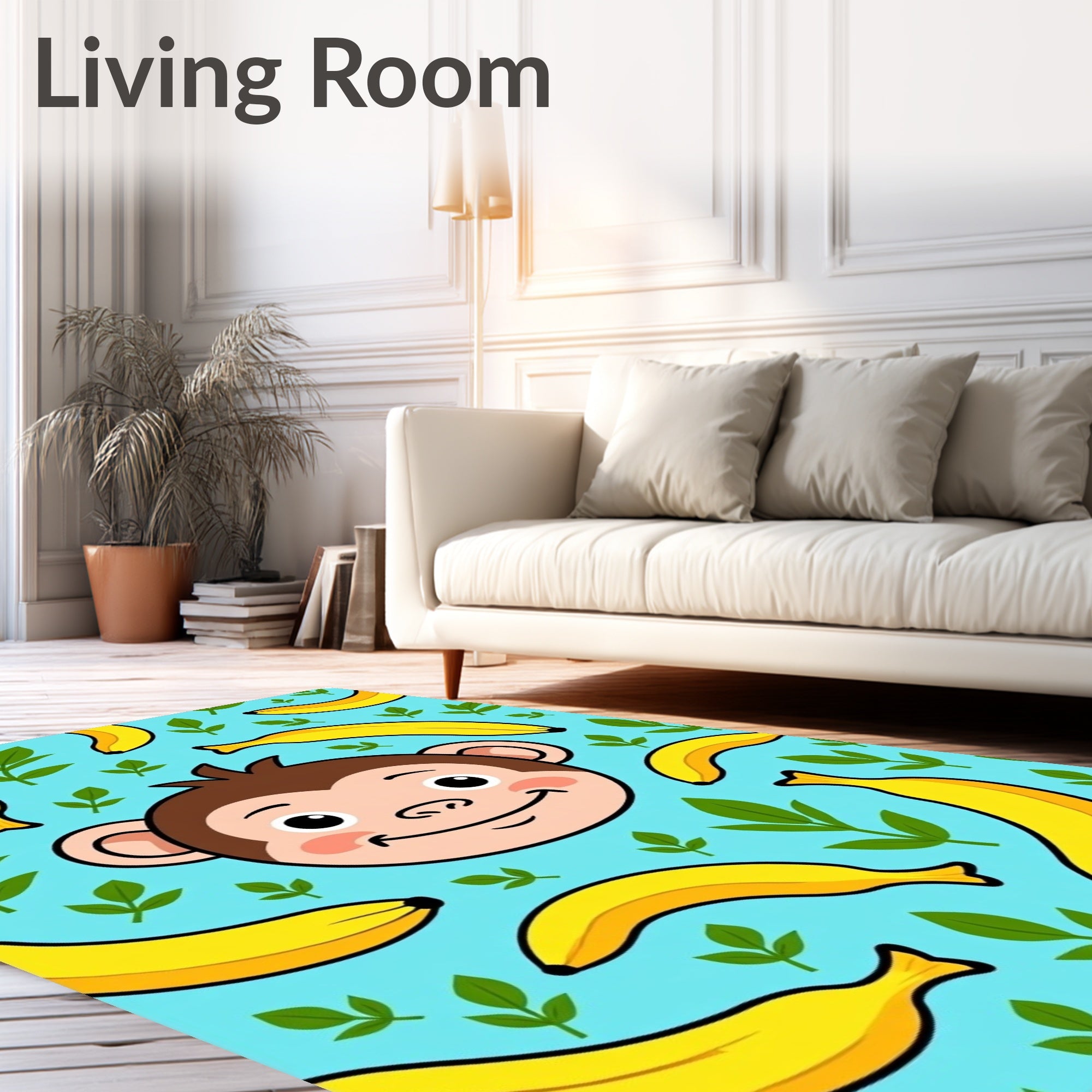 Playful Monkey Banana Leaves Background Rug