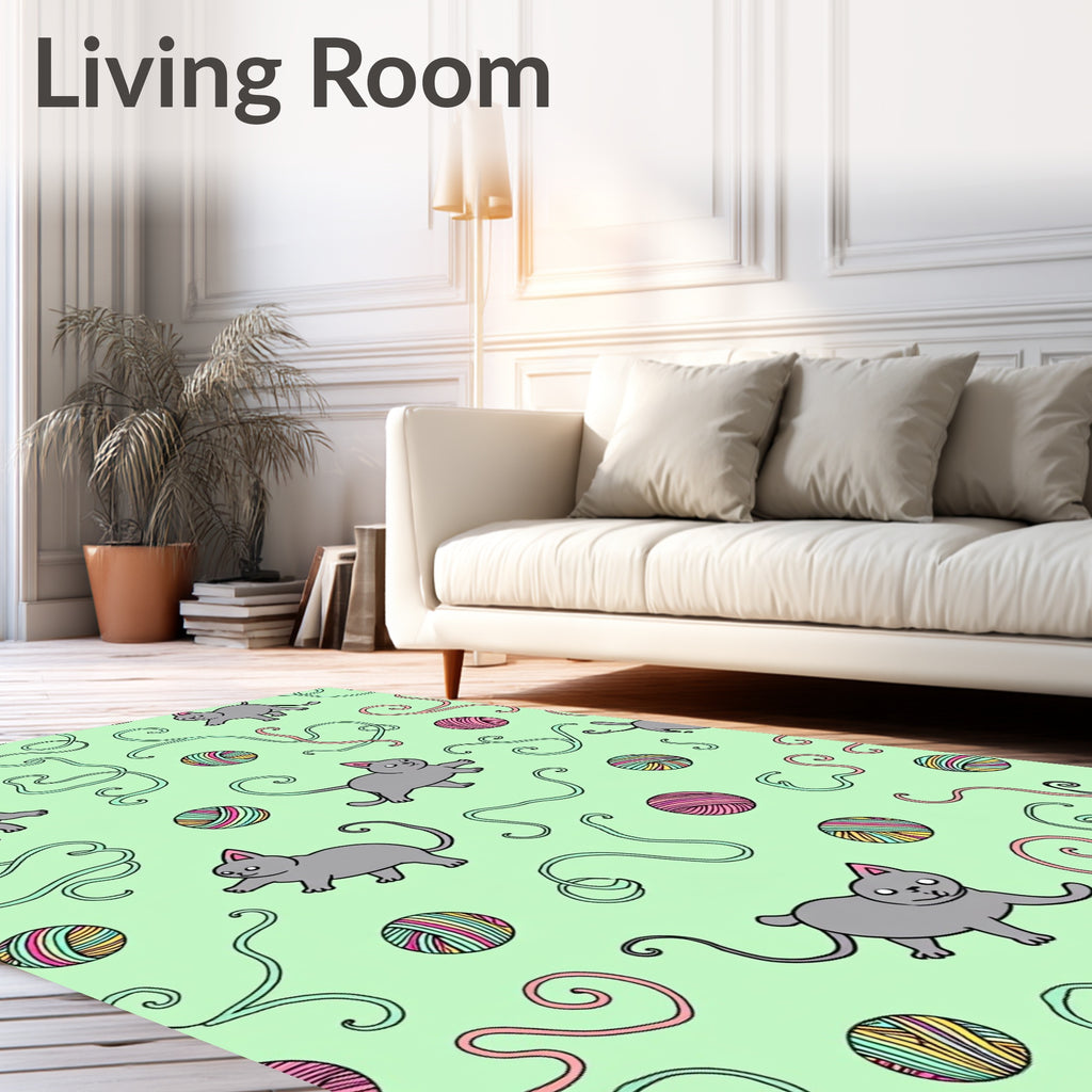 Playful Gray Cats Yarn Balls Mint Backdrop Rug