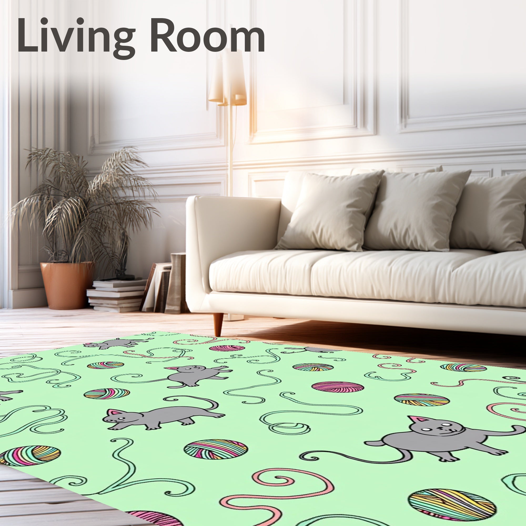 Playful Gray Cats Yarn Balls Mint Backdrop Rug