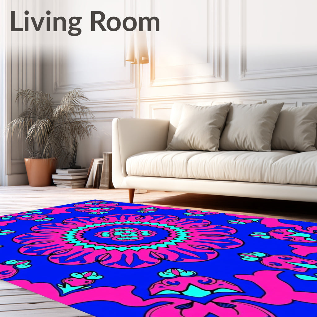 Vibrant pink cyan floral medallion Rug