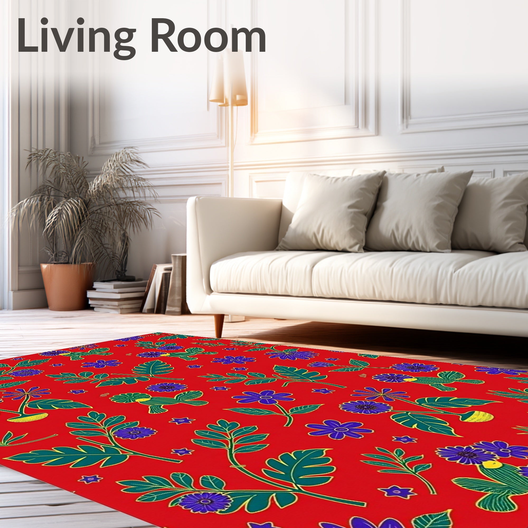 Crimson Red Floral Bird Garden Rug