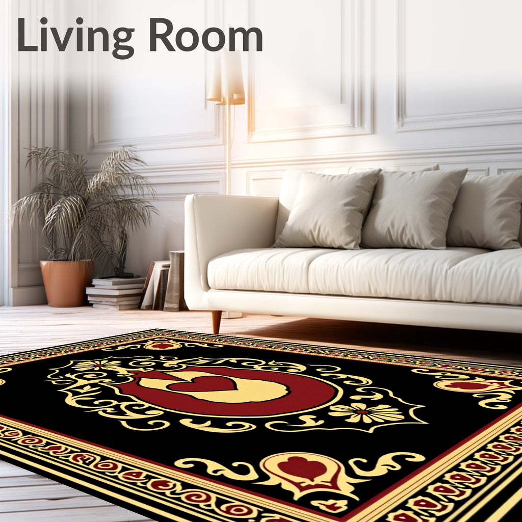 Scarlet Gold Heart Medallion Black Rug