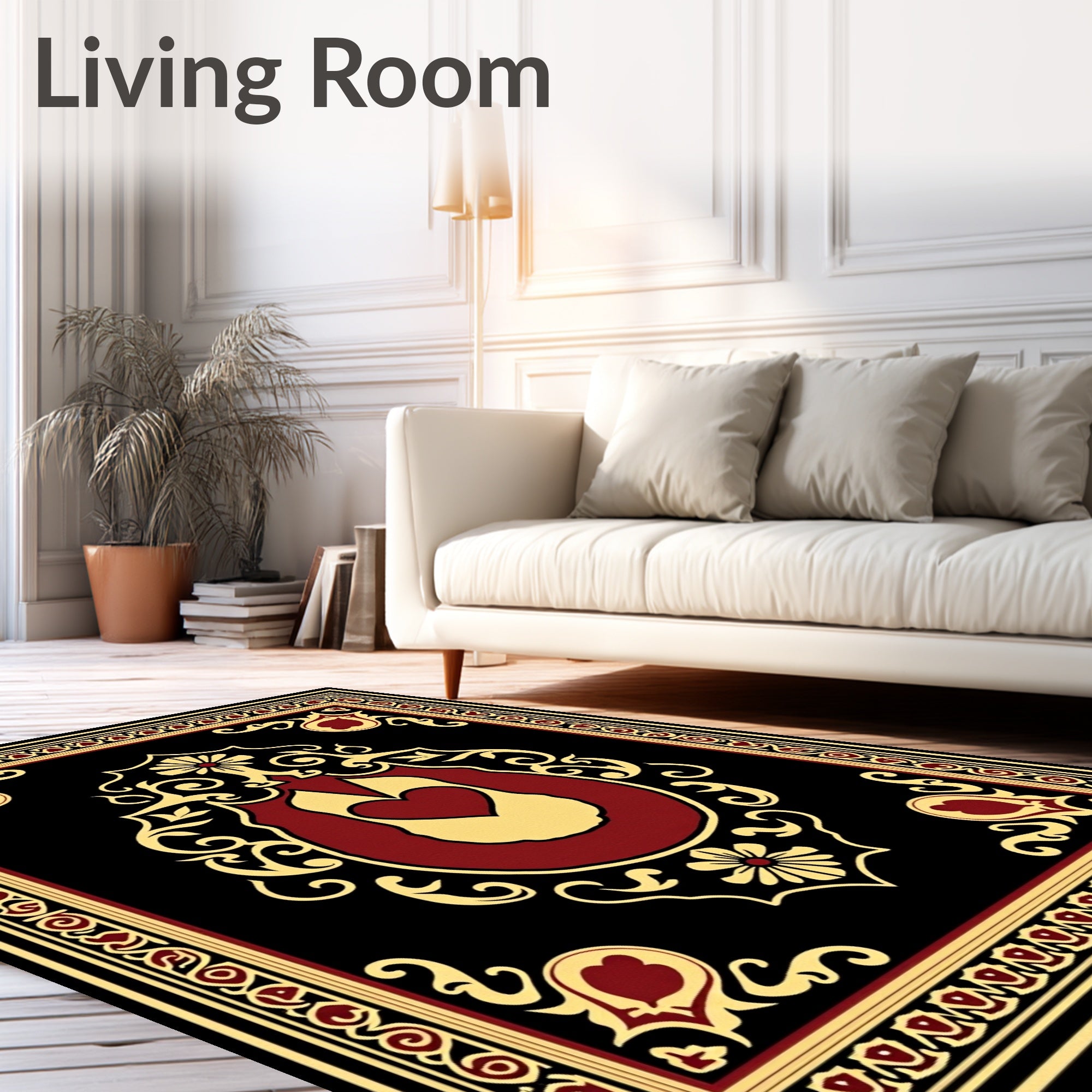 Scarlet Gold Heart Medallion Black Rug
