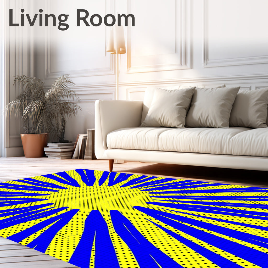Bold Blue Sunburst Yellow Dot Rug
