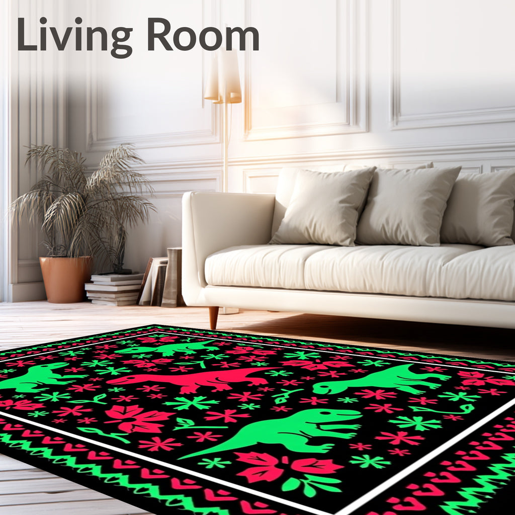 Dinosaur Flower Garden Black Rug