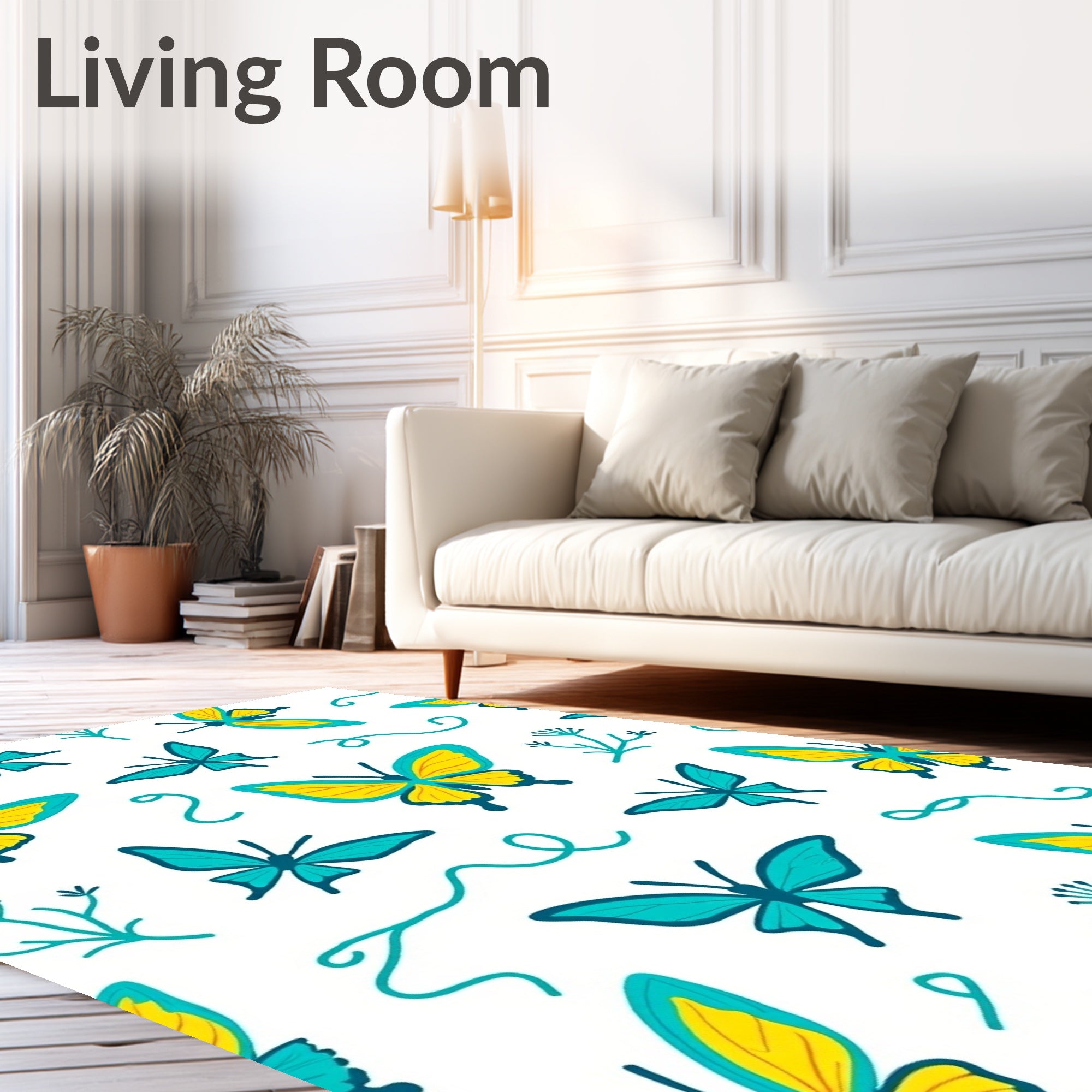 Teal Yellow Butterfly Swirl Art Rug