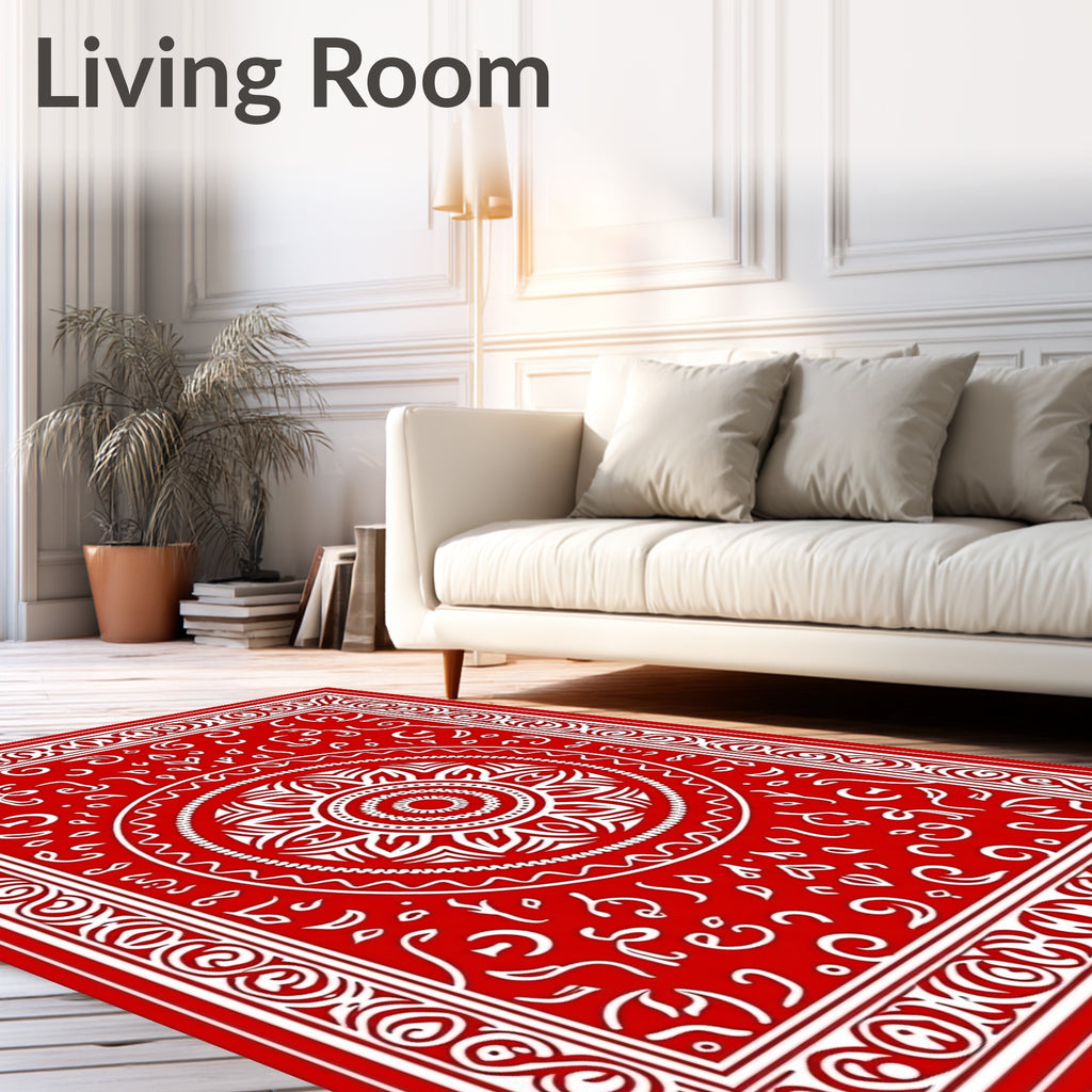 Vibrant Red Mandala Scroll Rug