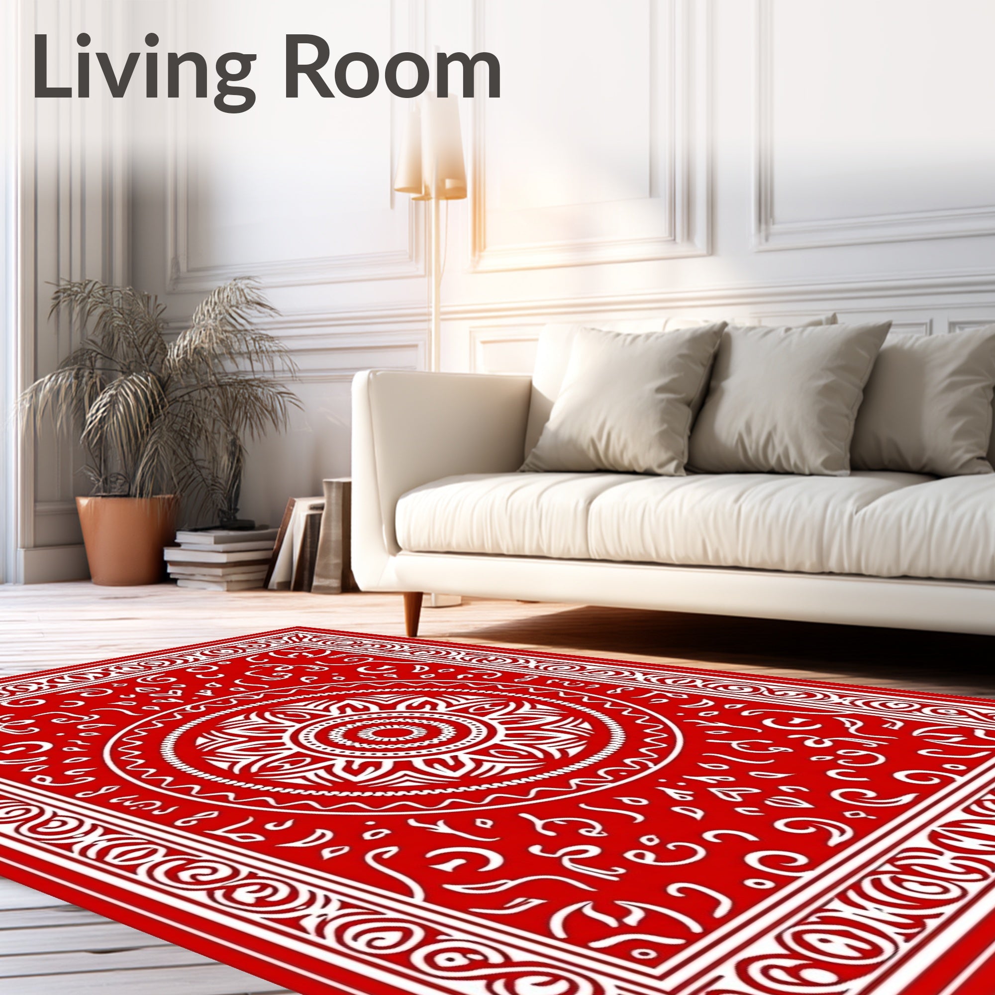 Vibrant Red Mandala Scroll Rug