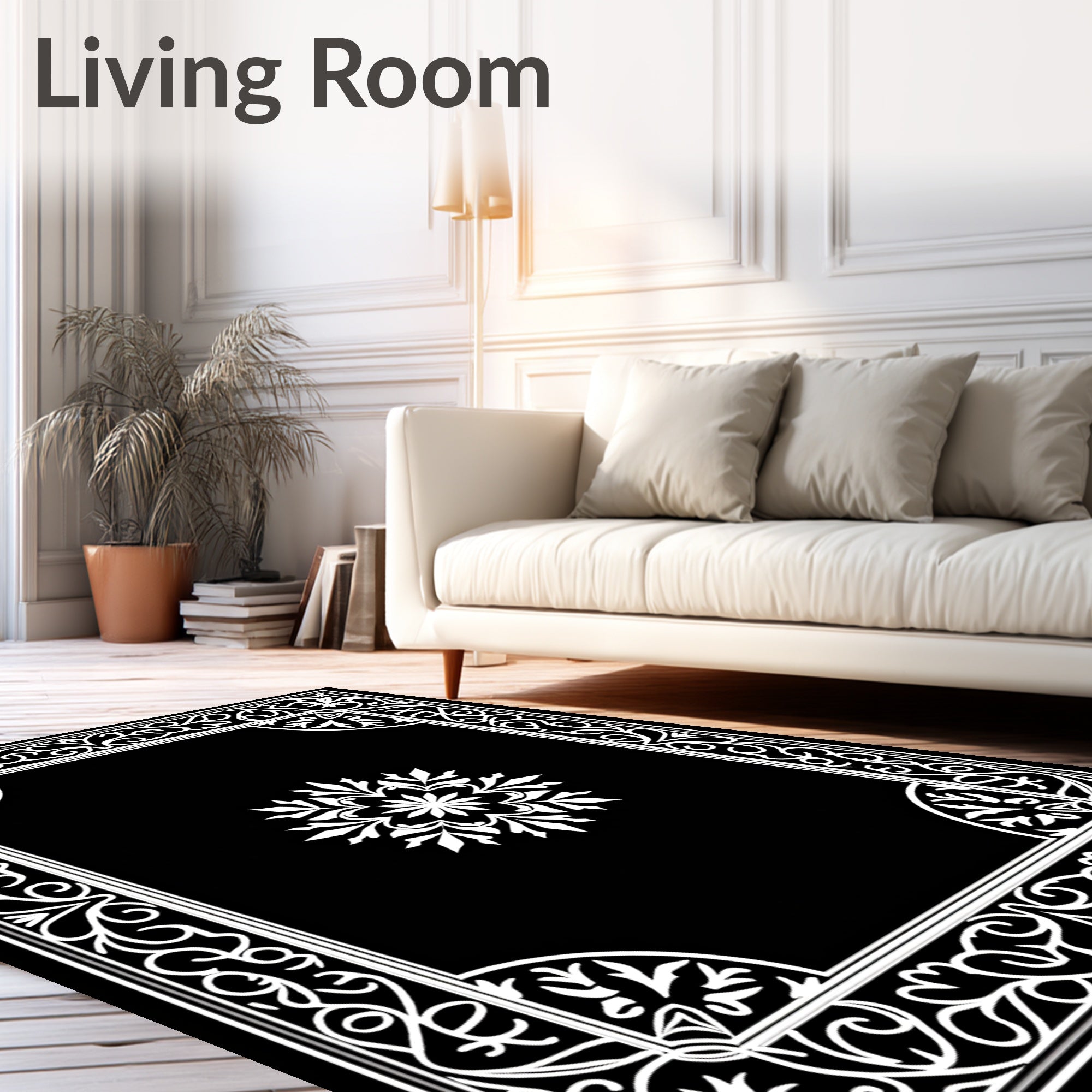 Ornate White Floral Medallion Border Rug