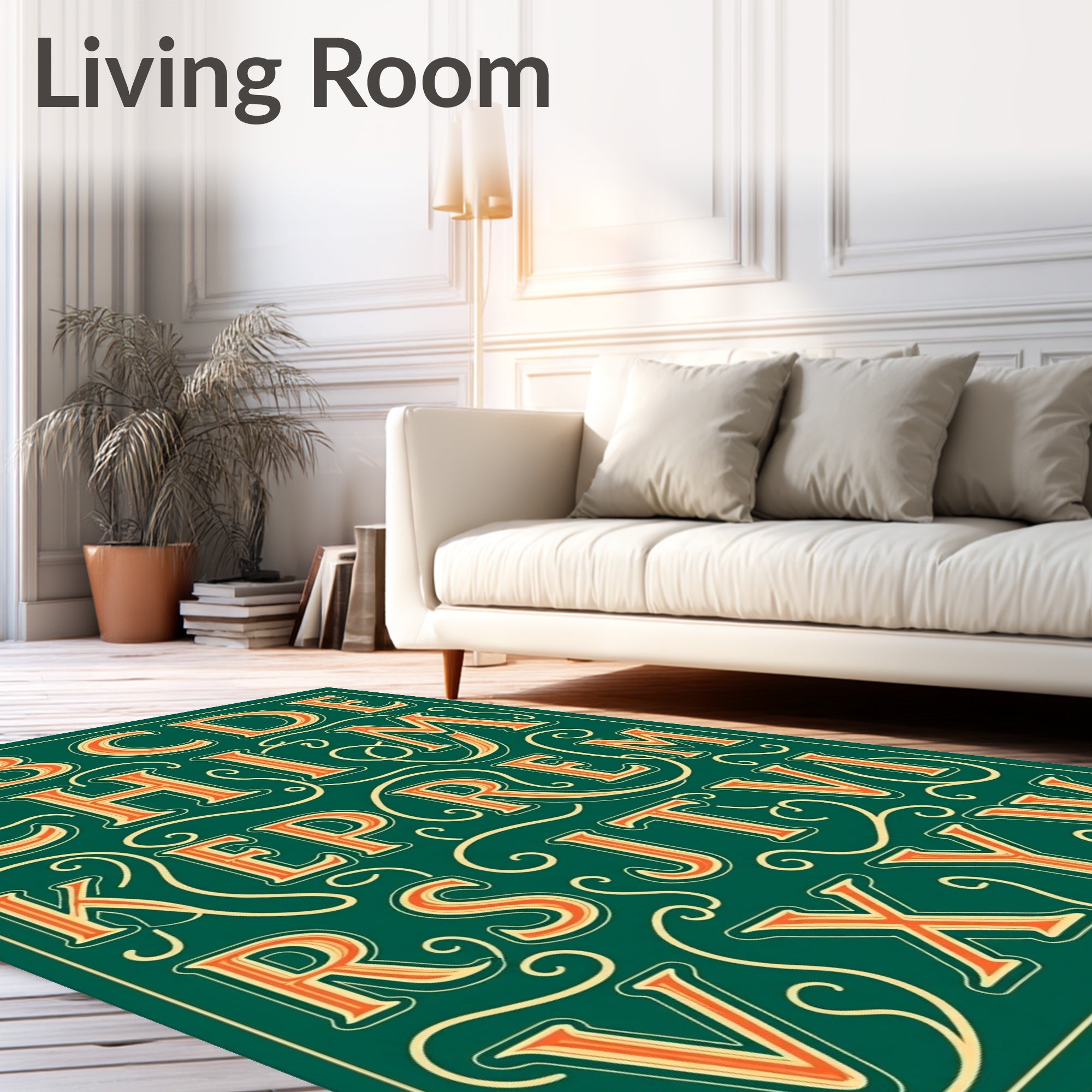Ornate Alphabet Green Cream Orange Rug