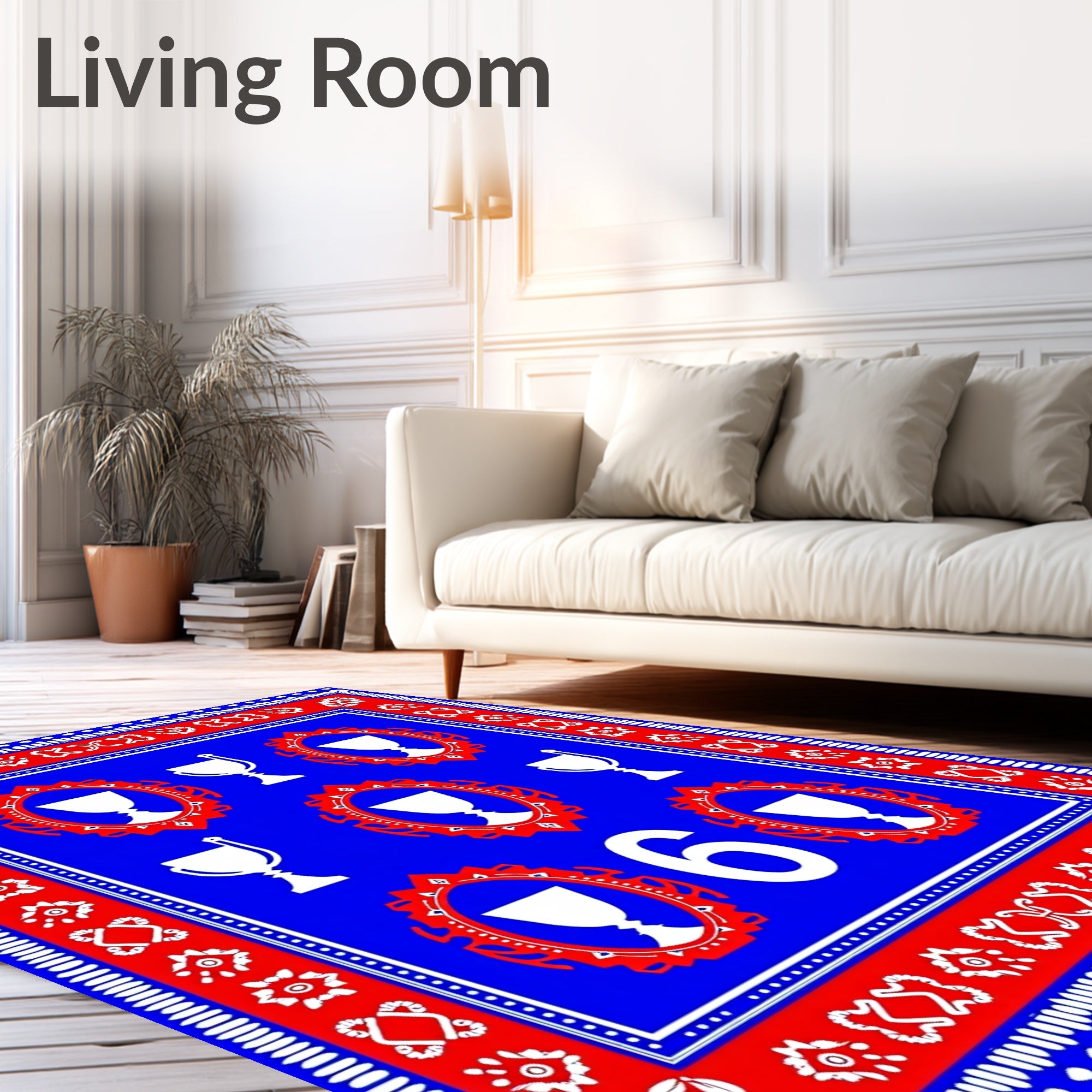 Bold Blue Trophy Medallion Number Rug
