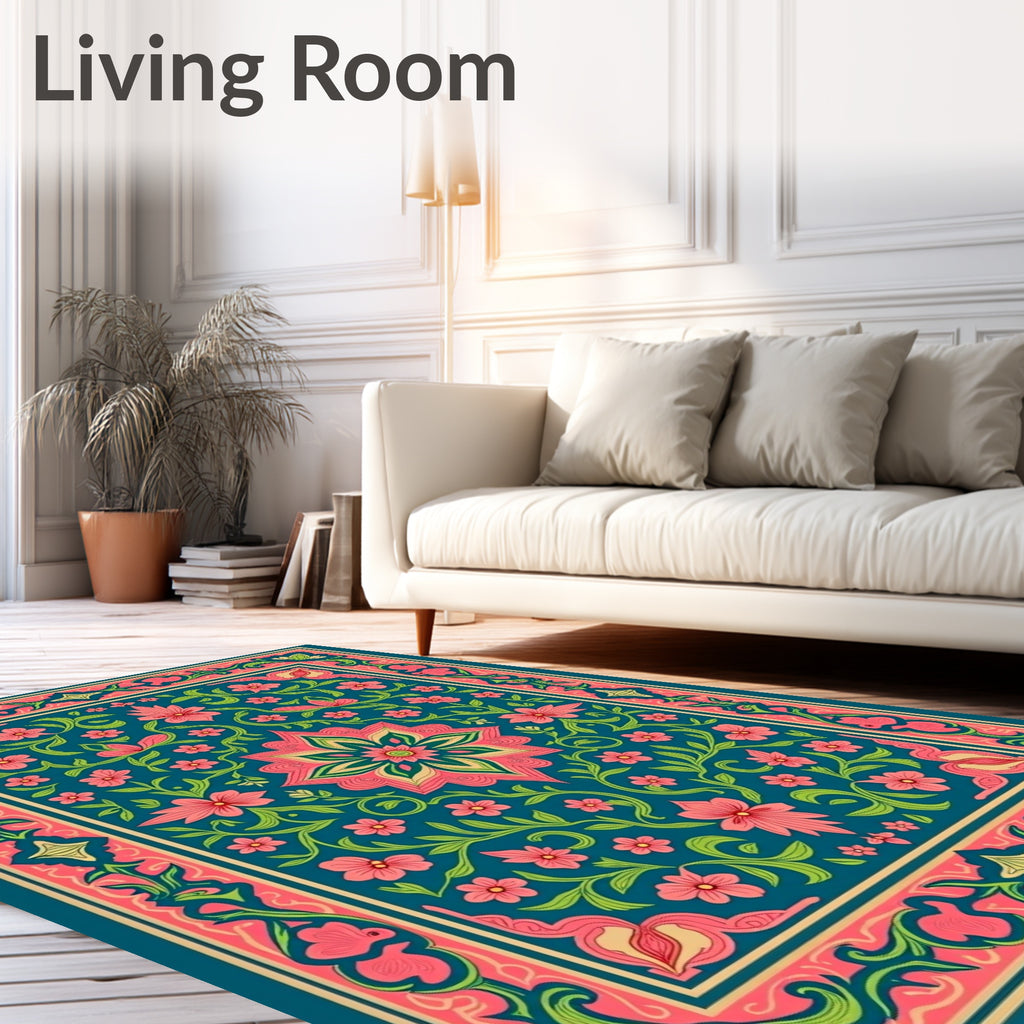 Teal Floral Medallion Vine Border Rug