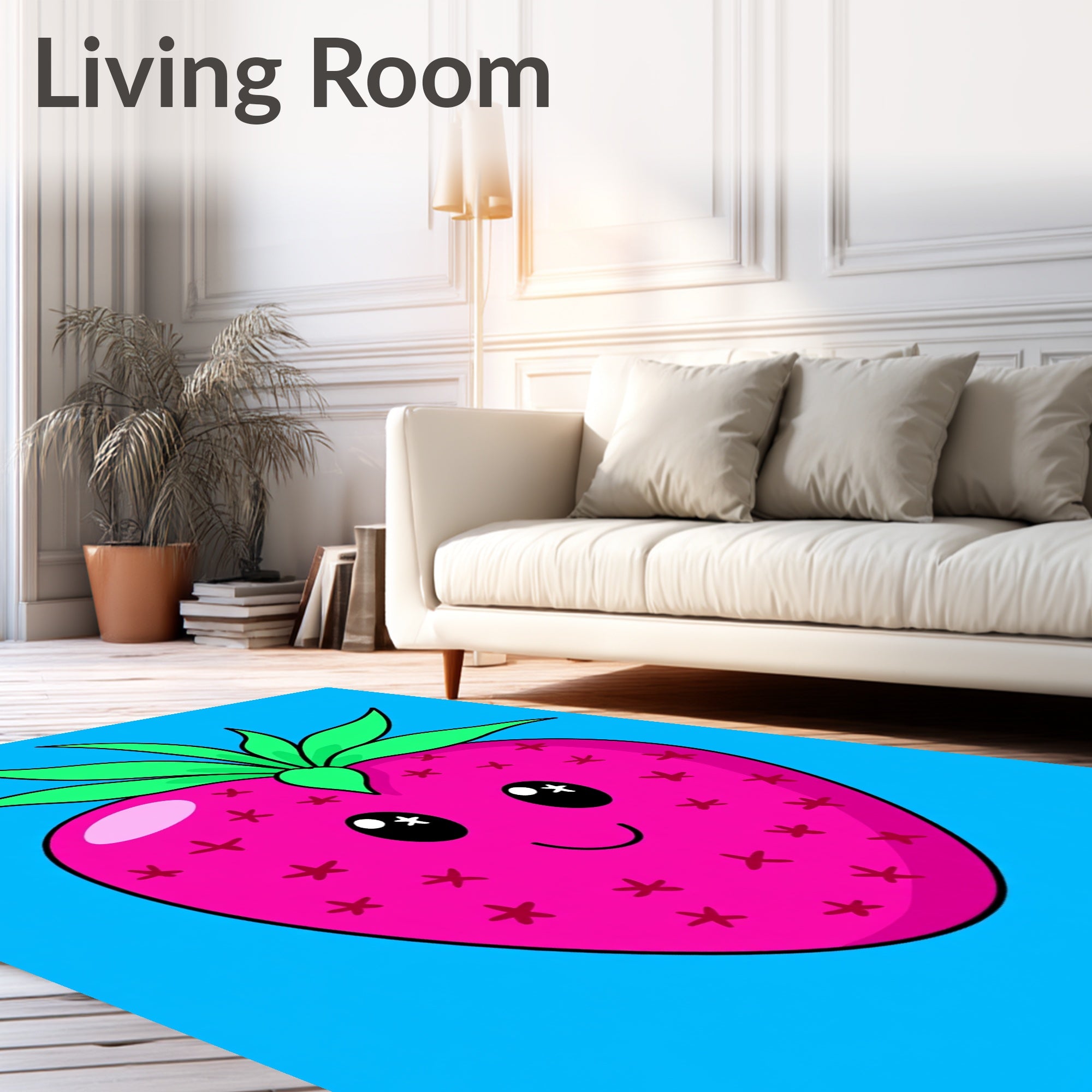 Cute Pink Strawberry With Green Leaves Rug