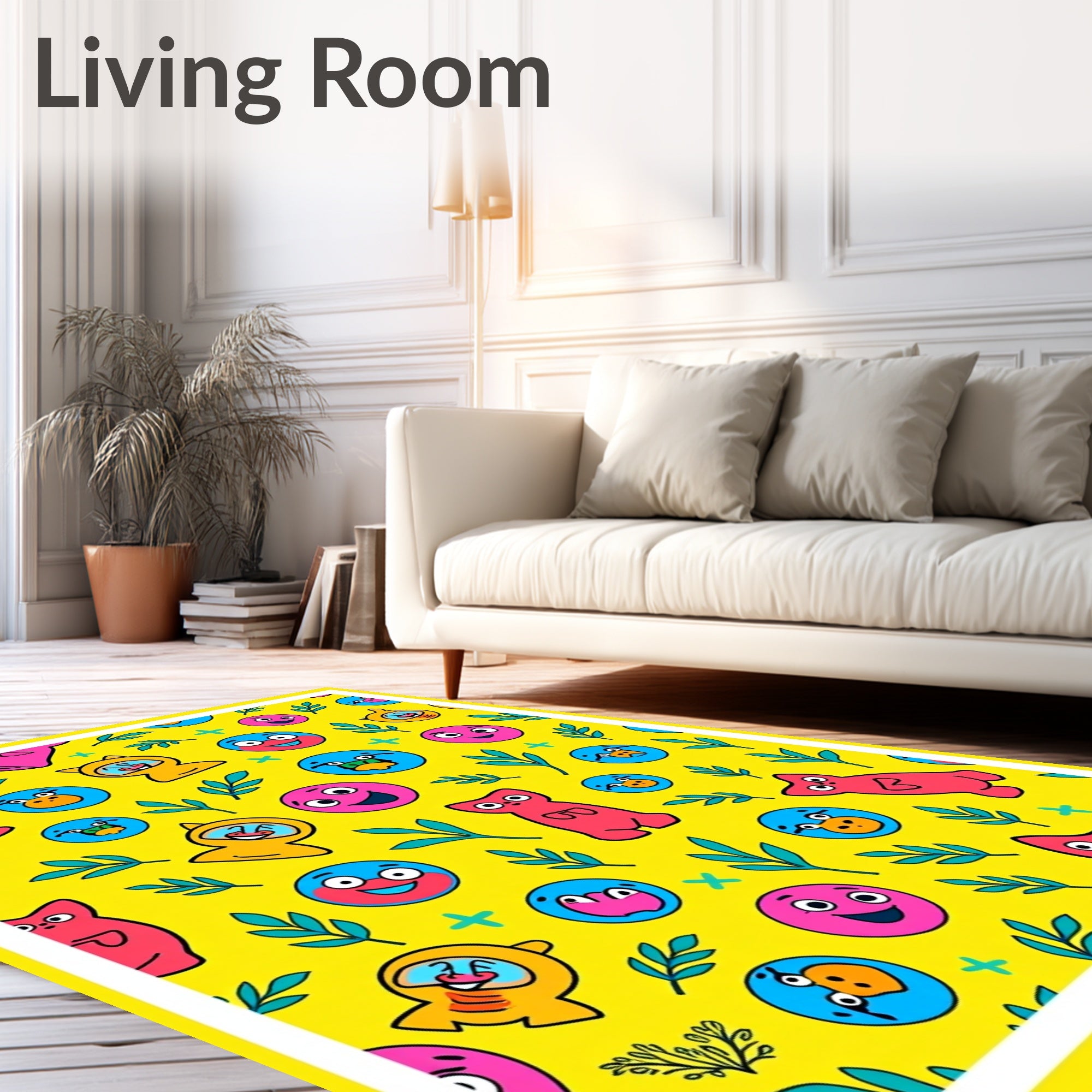 Vibrant Yellow Cartoon Character Collage Rug