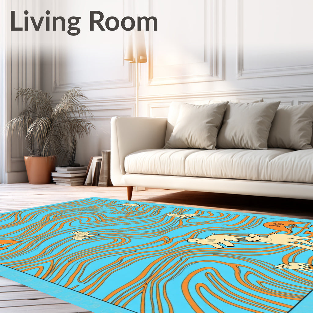 Whimsical Blue Orange Animal Herd Rug