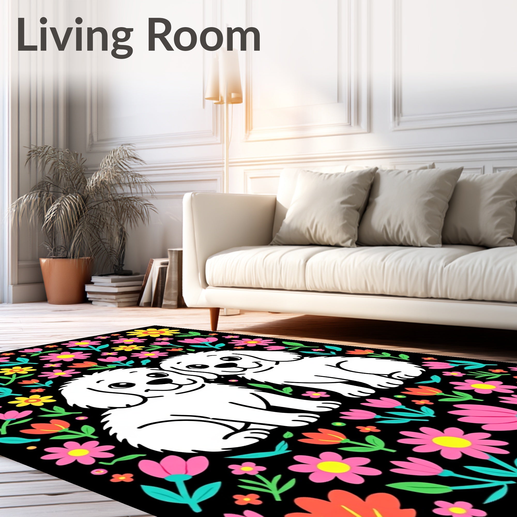 Happy Puppies Floral Garden Rug