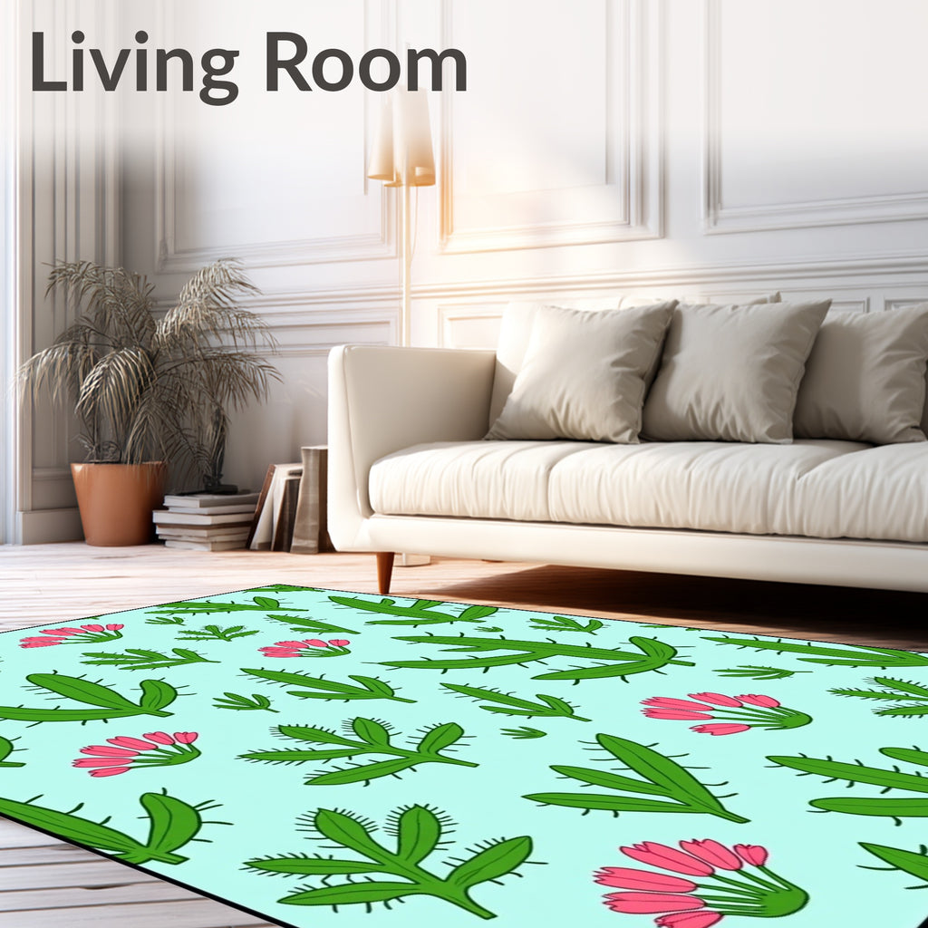 Whimsical Green Cactus Pink Bloom Rug