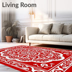 Dramatic Red White Mandala Border Rug