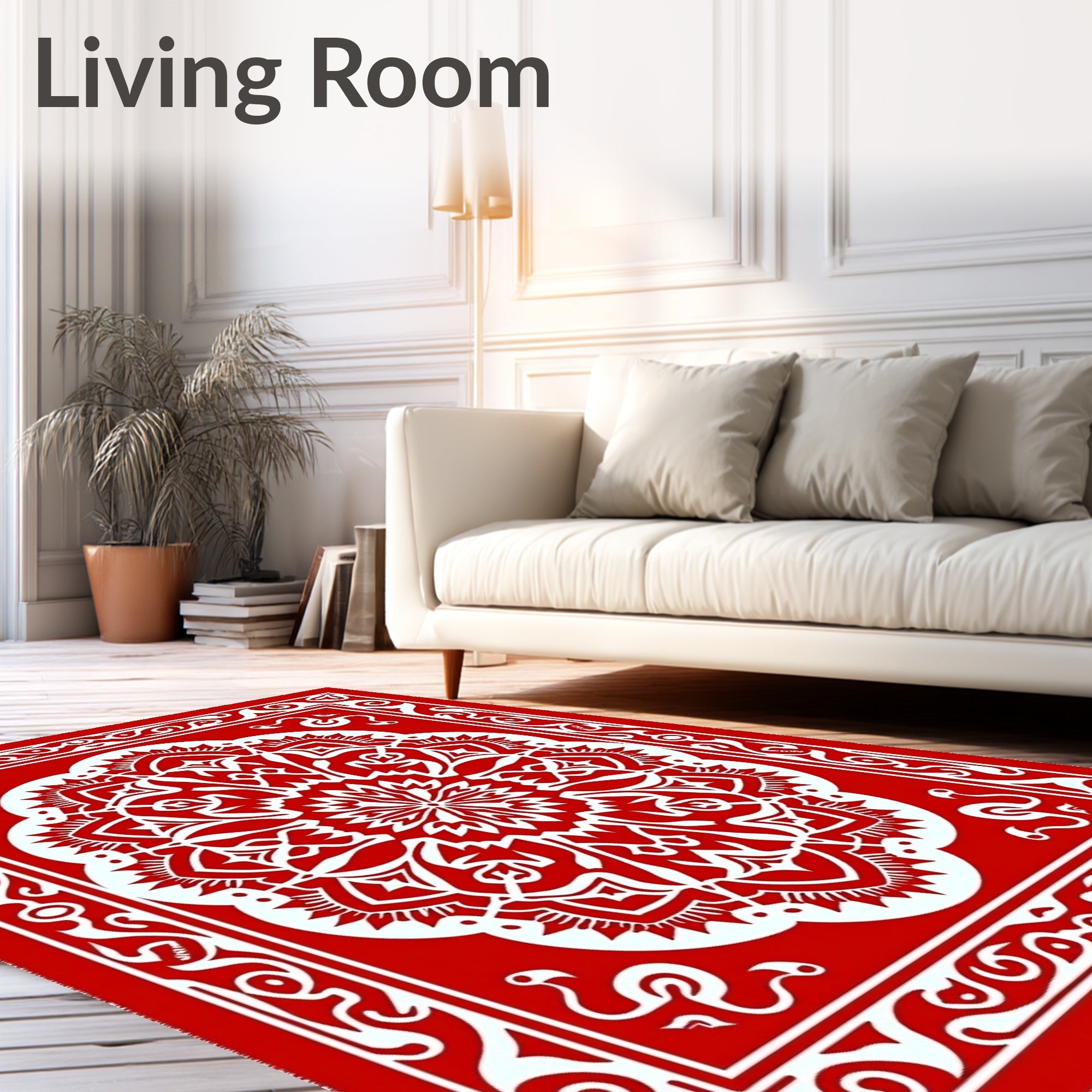 Dramatic Red White Mandala Border Rug