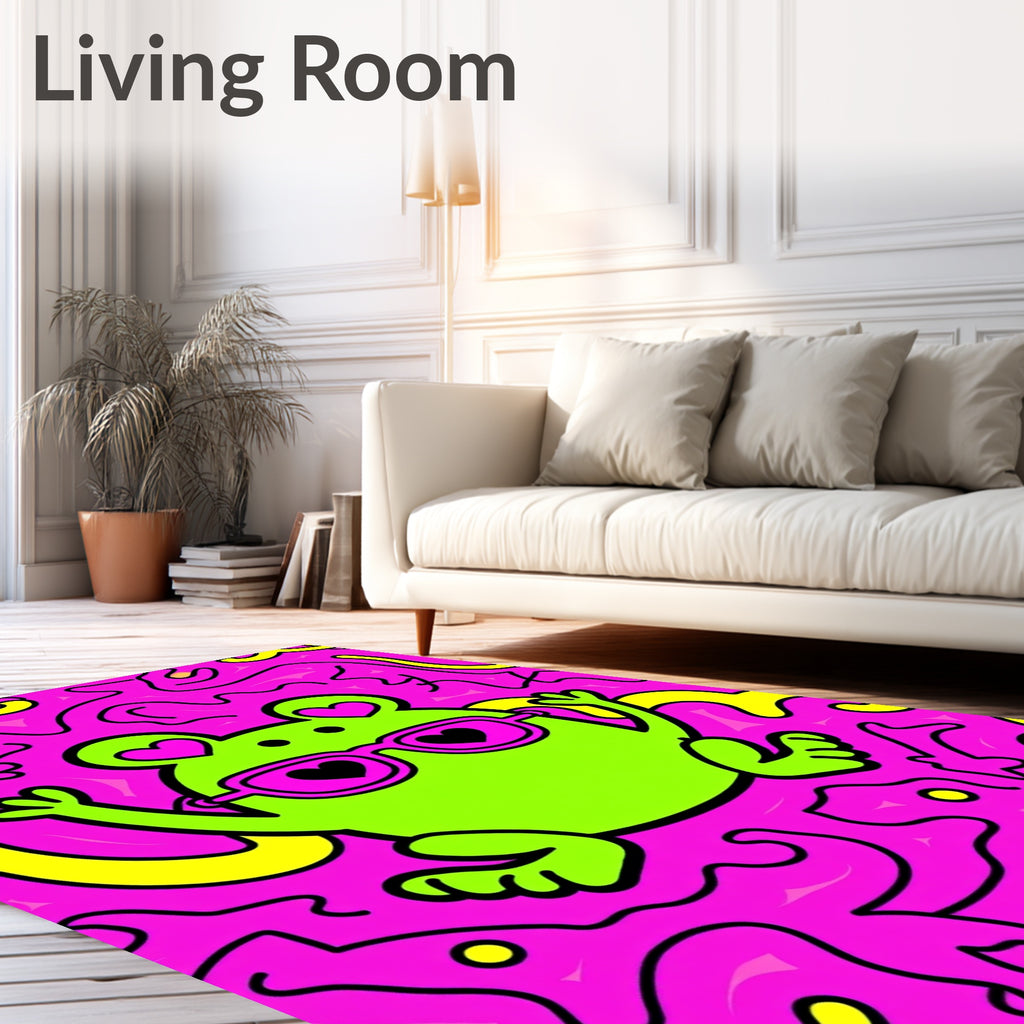 Groovy Green Frog Hearts Pink Yellow Swirls Rug