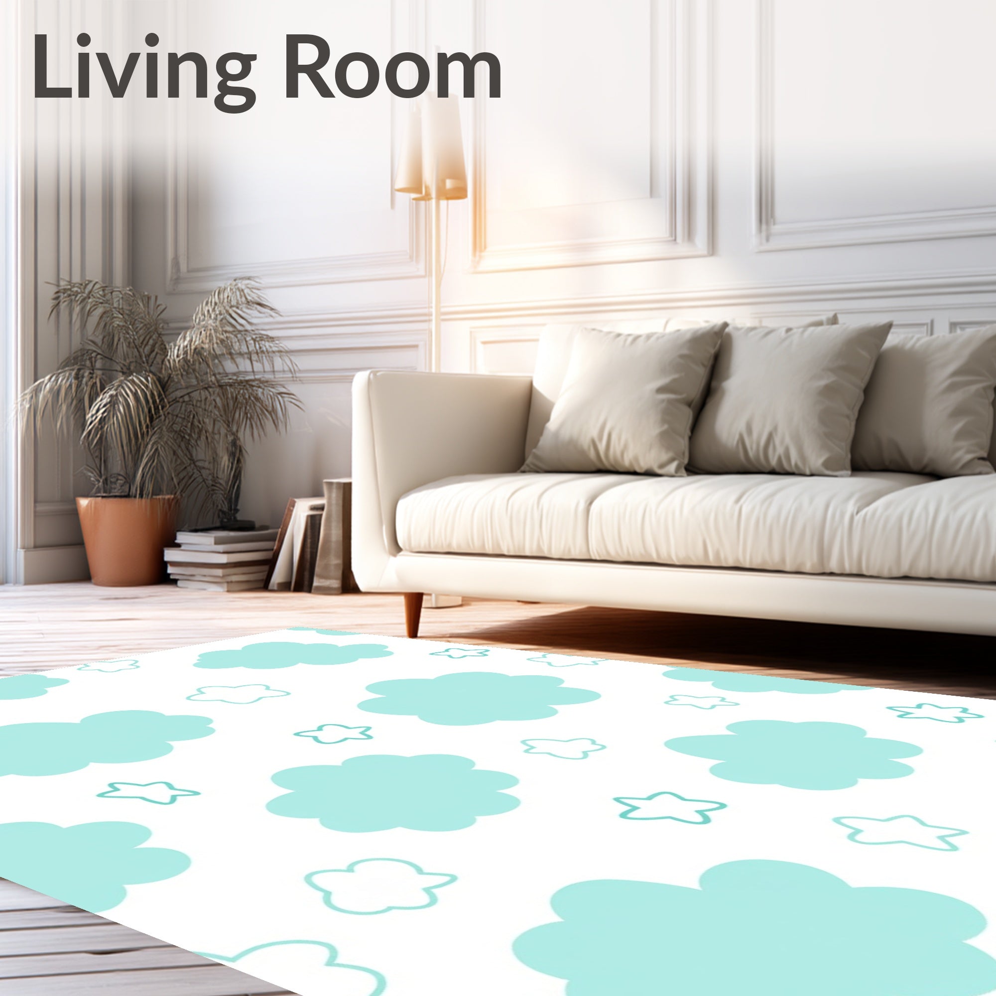 Whimsical Sky Blue Cloud Star Pattern Rug