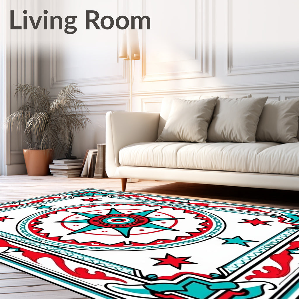 Red Turquoise Starburst Medallion Border Rug