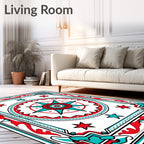 Red Turquoise Starburst Medallion Border Rug