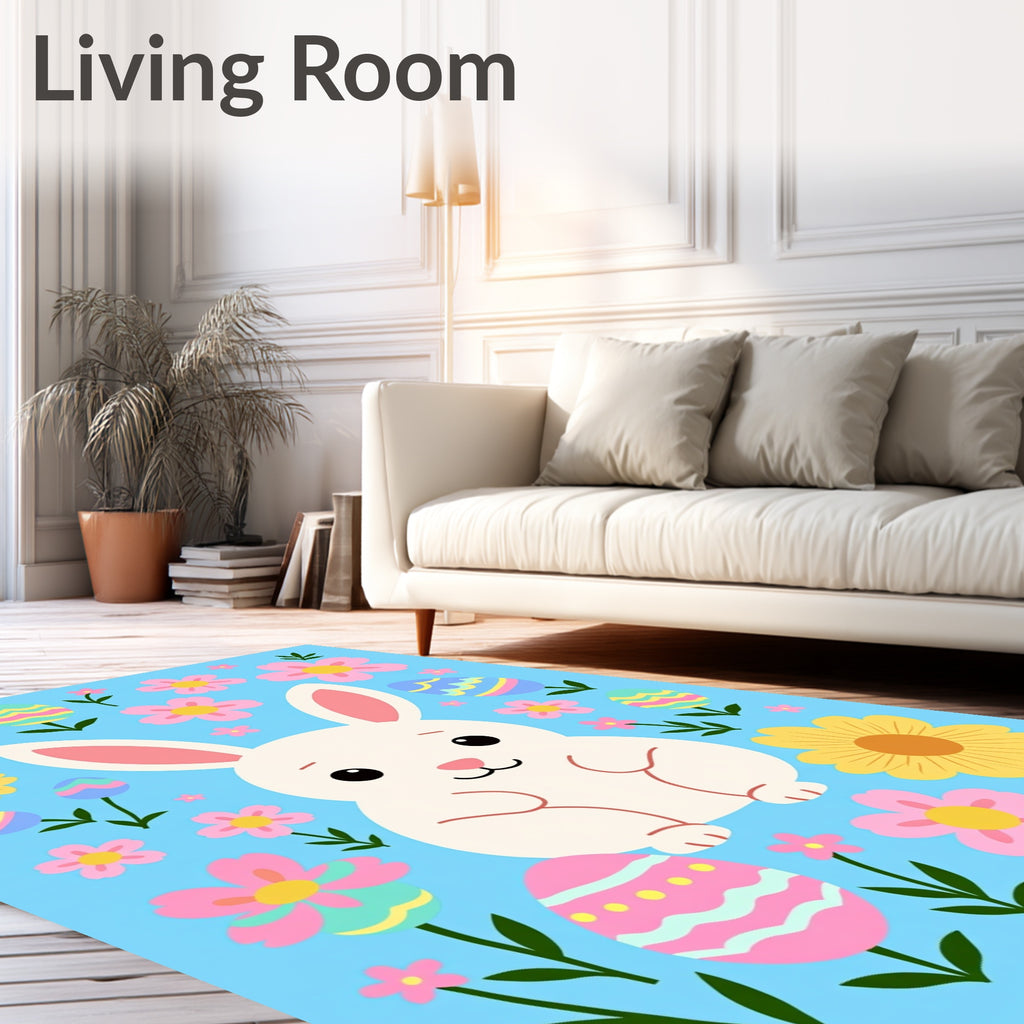 Bunny Flowers Easter Eggs Blue Background Rug